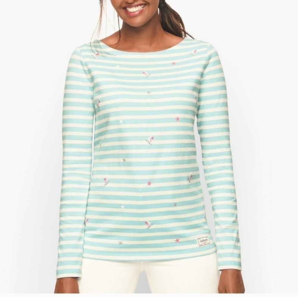NEW Talbots Authentic Embroidered Ice Skate Top Sz XL Striped Cotton Long Sleeve
